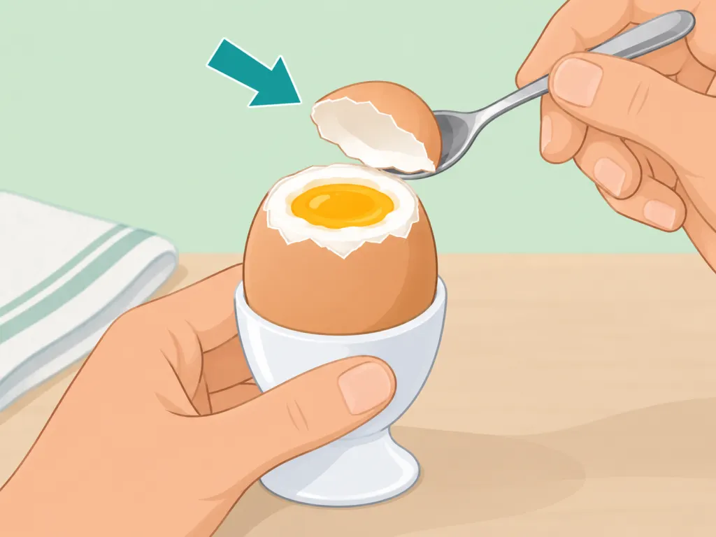 A spoon lifting the cut shell cap from a cooked egg.