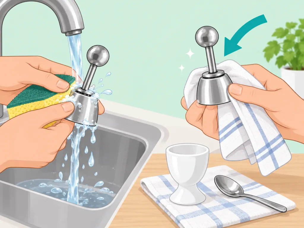 Hands washing and drying an egg topper cutter after use.