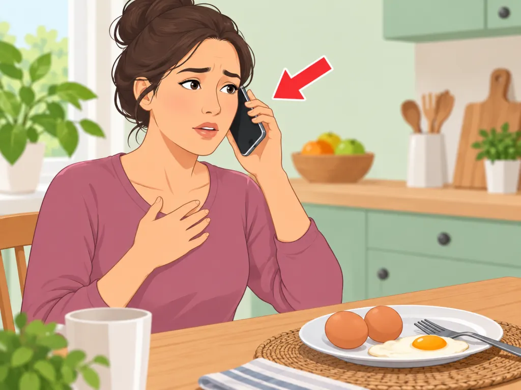 A person using a phone to seek help after feeling unwell after eating eggs.