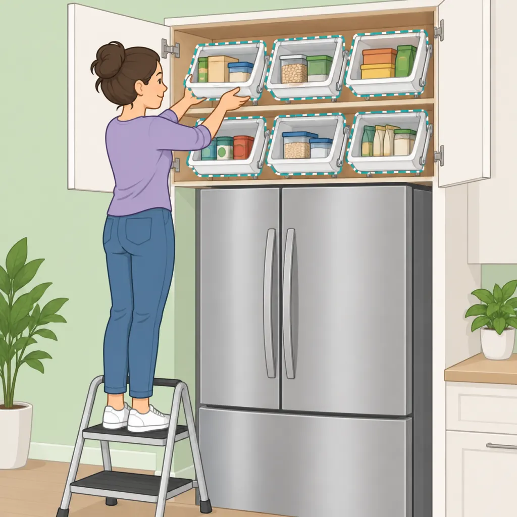Person organizing bins in a cupboard above the refrigerator.