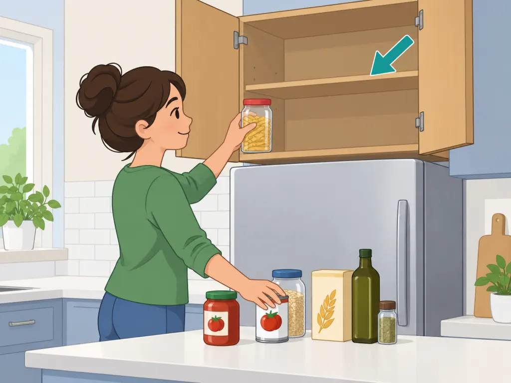 A person emptying and checking the cupboard above a refrigerator.
