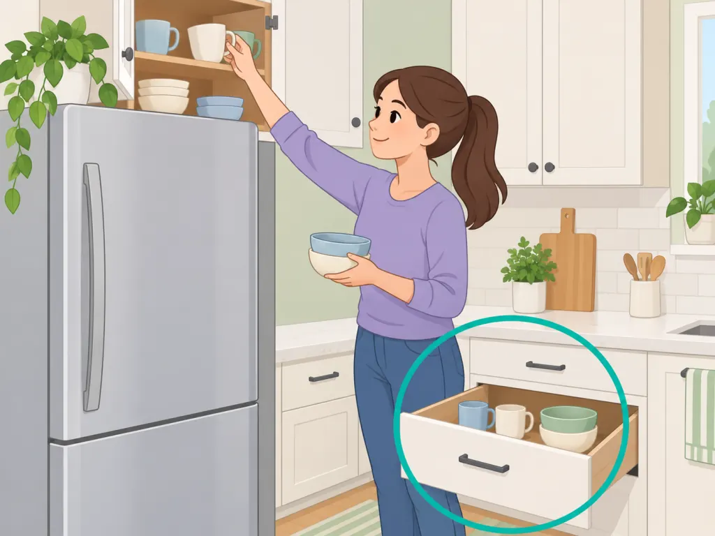 Everyday kitchen items being moved from a high cabinet to lower storage.