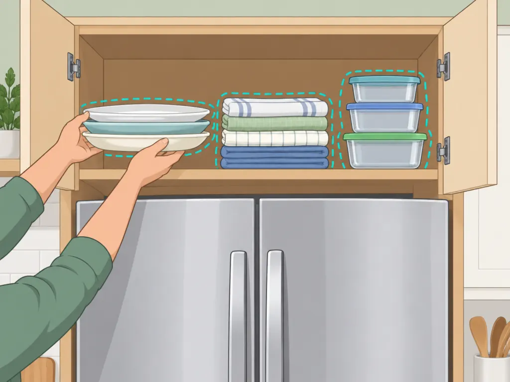 Lightweight occasional-use kitchen items stored above the refrigerator.