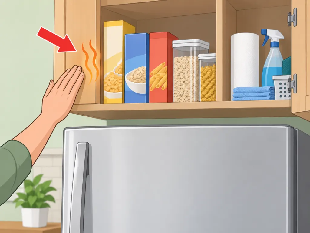 Checking whether an over-fridge cupboard is too warm for pantry foods.