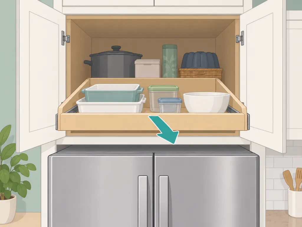 A slide-out tray keeping easy items at the front of a deep cabinet.