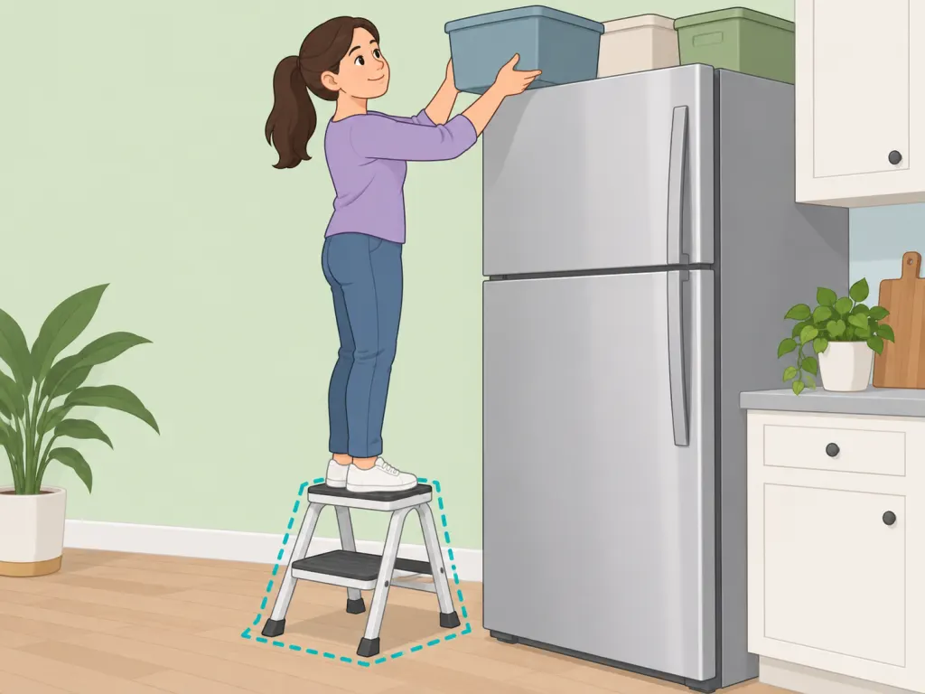 A person using a stable step stool to reach an over-fridge cabinet.