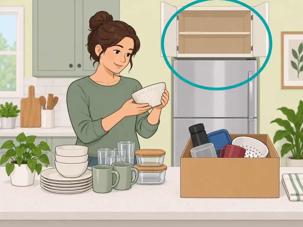 A person reviewing and refreshing items stored above the refrigerator.