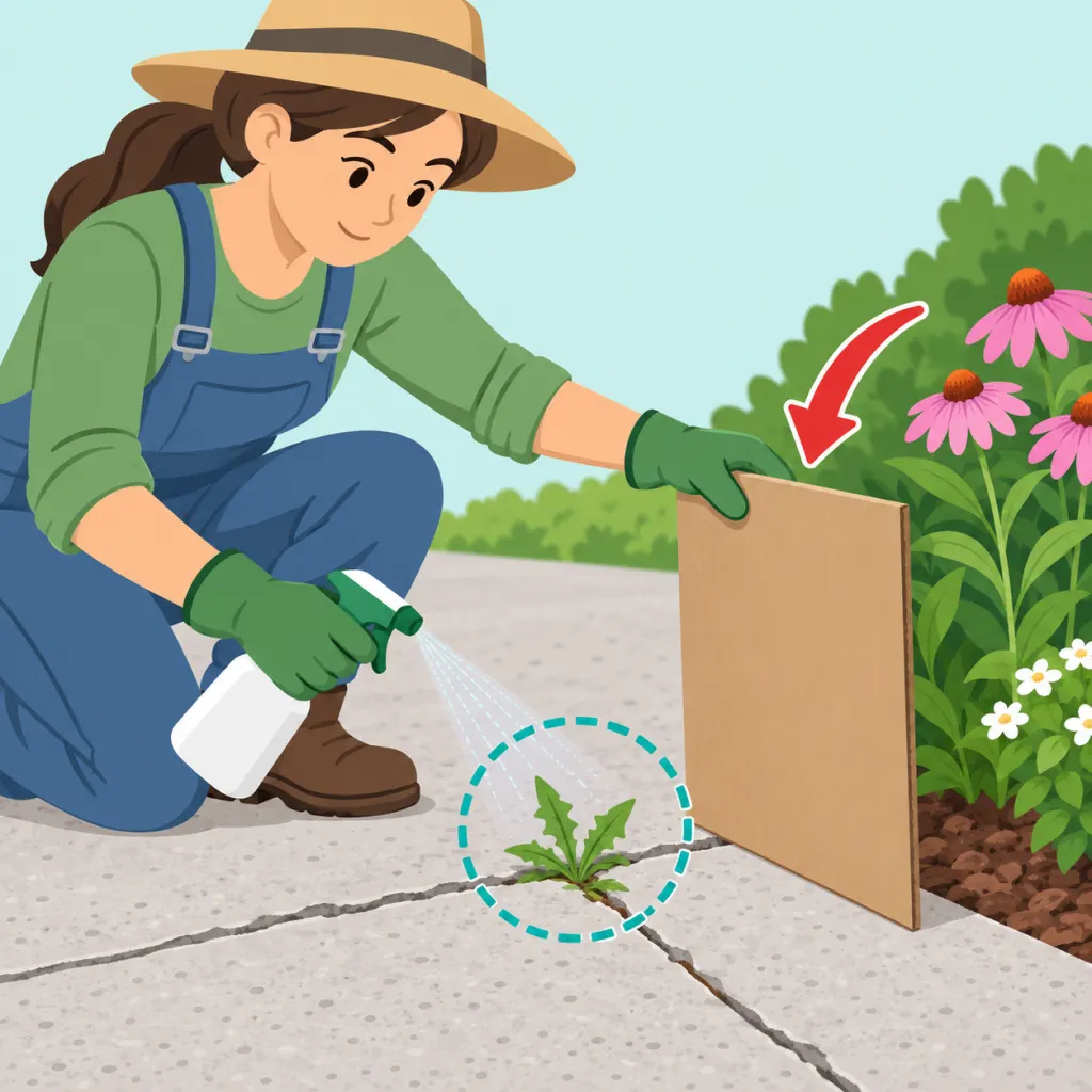 Gardener carefully spraying a small weed in a driveway crack while protecting nearby plants.