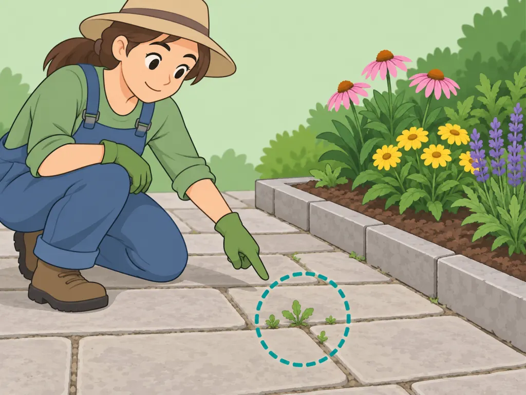 Gardener choosing small weeds in pavement cracks as the right spot for vinegar spray.