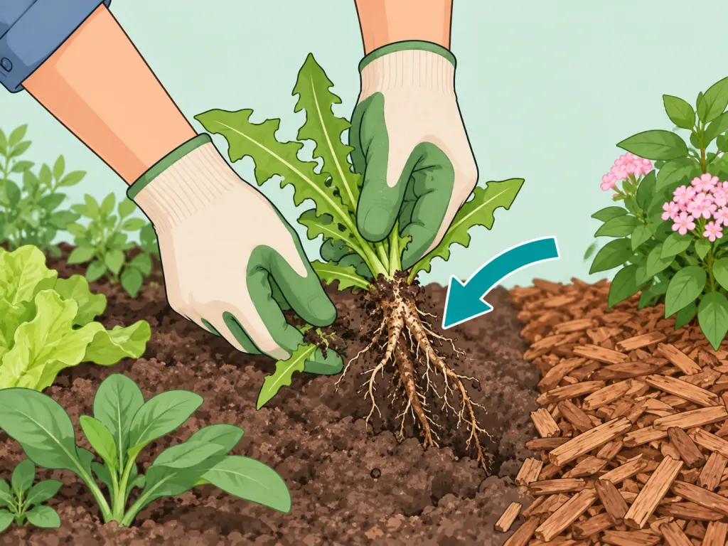 Hands pulling weeds from a planted bed before using mulch.