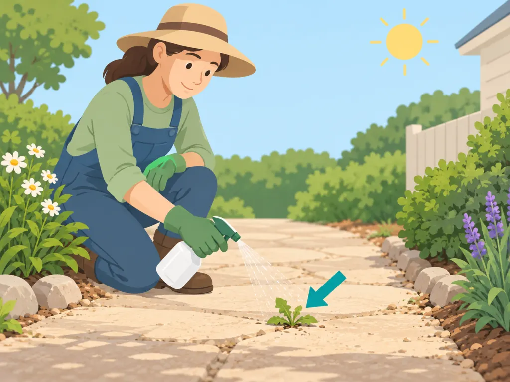 Gardener spraying a small weed on a dry calm day.
