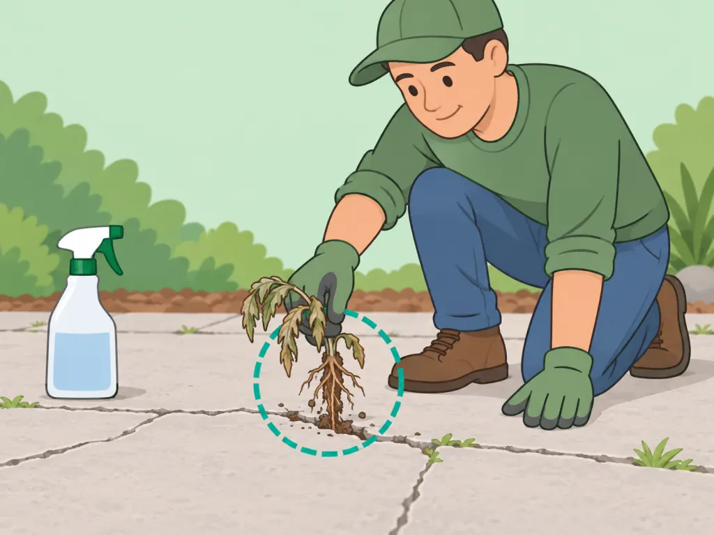 Gardener removing a wilted weed root after vinegar spray.