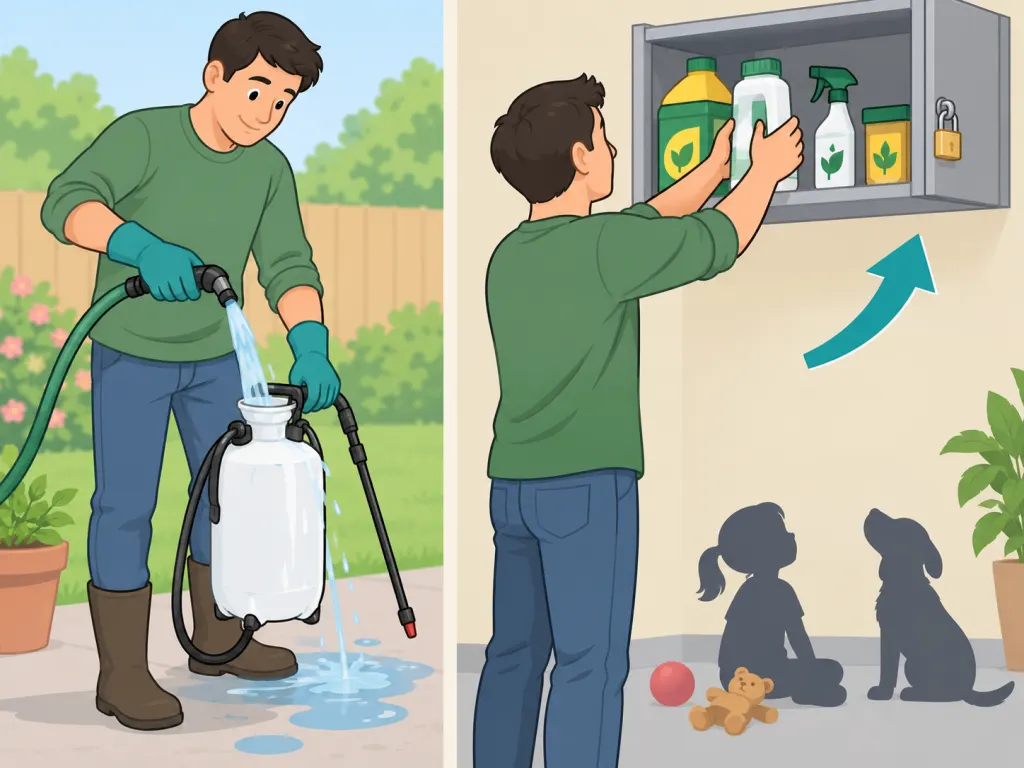 Person cleaning and storing weed spray supplies safely out of reach.