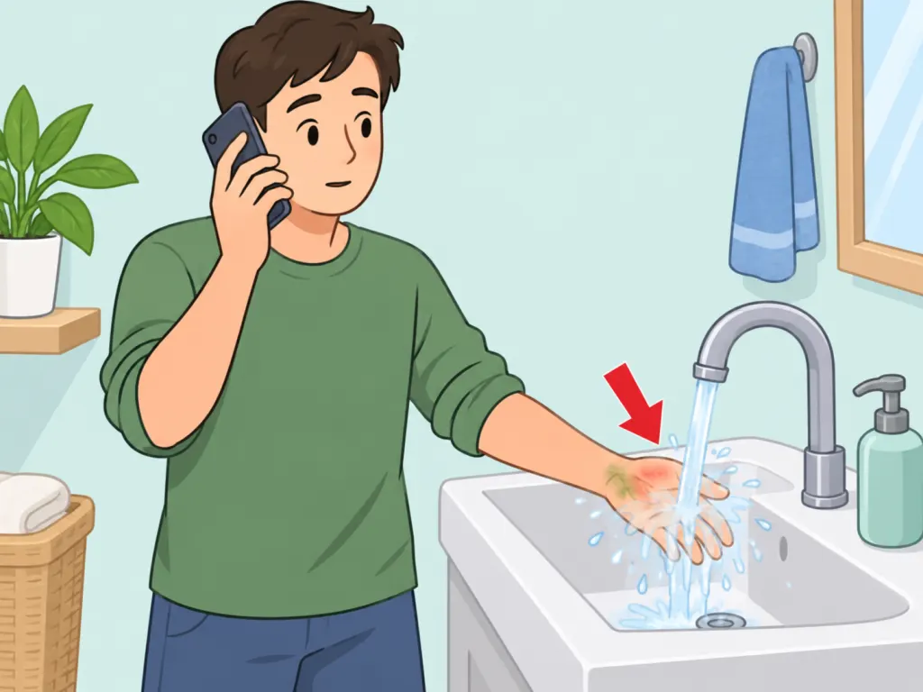 Person rinsing after spray exposure and calling for help.
