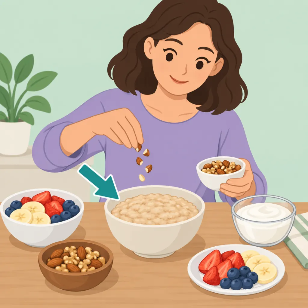 A person preparing a balanced bowl of oatmeal with fruit and nuts.