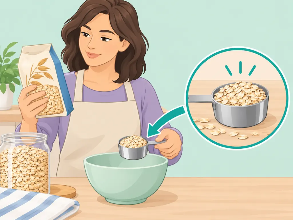 A person checks the package and measures oats before cooking.