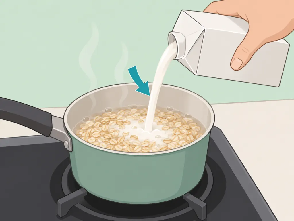 Oats cooking with an unsweetened liquid for a creamy bowl.