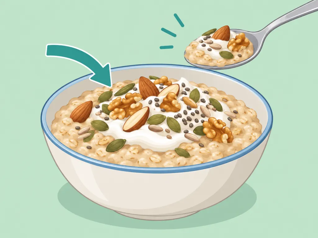 Oatmeal topped with yogurt, nuts, and seeds for fullness.