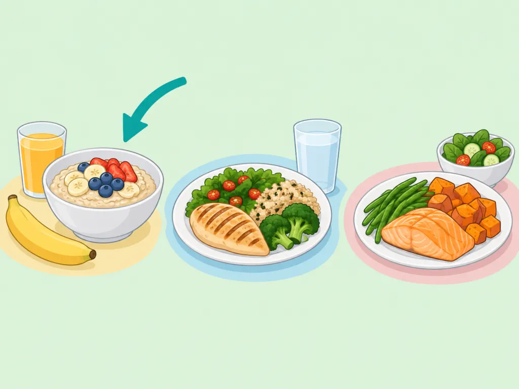 Oatmeal shown as one part of a balanced day of meals.
