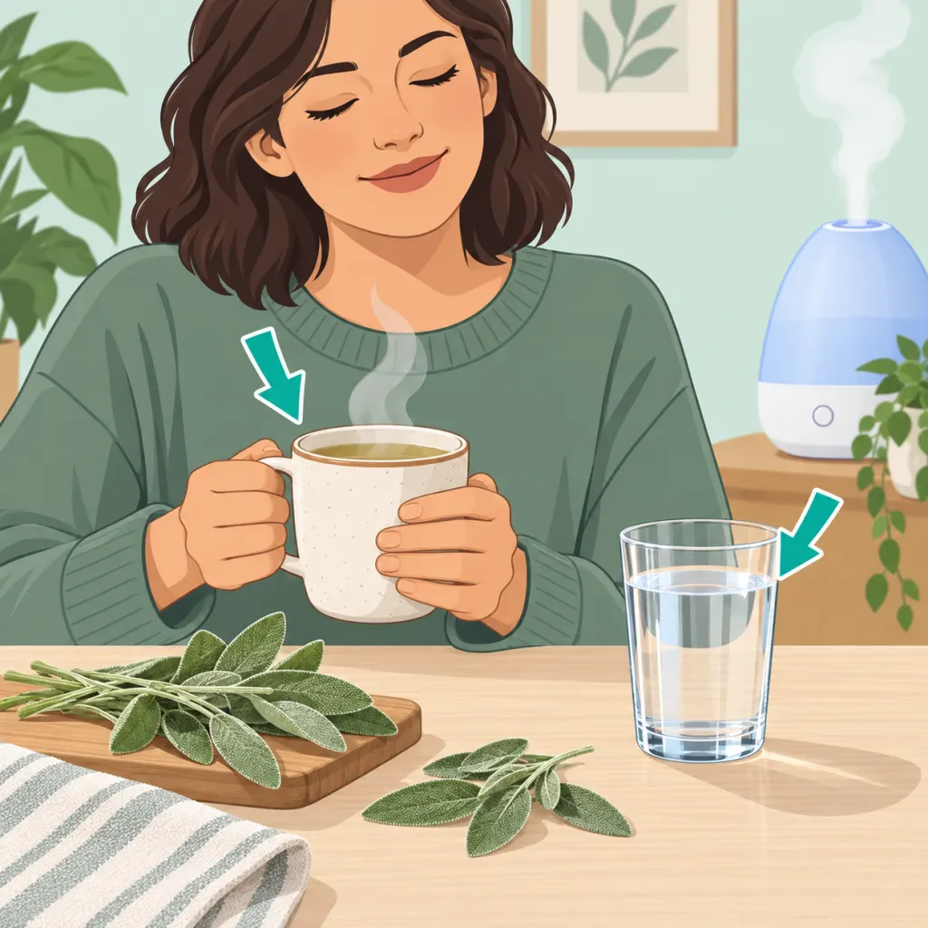 Person holding warm sage tea with water and a humidifier nearby for safe mucus comfort.