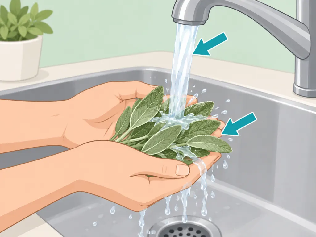 Hands washing fresh sage leaves under running water.