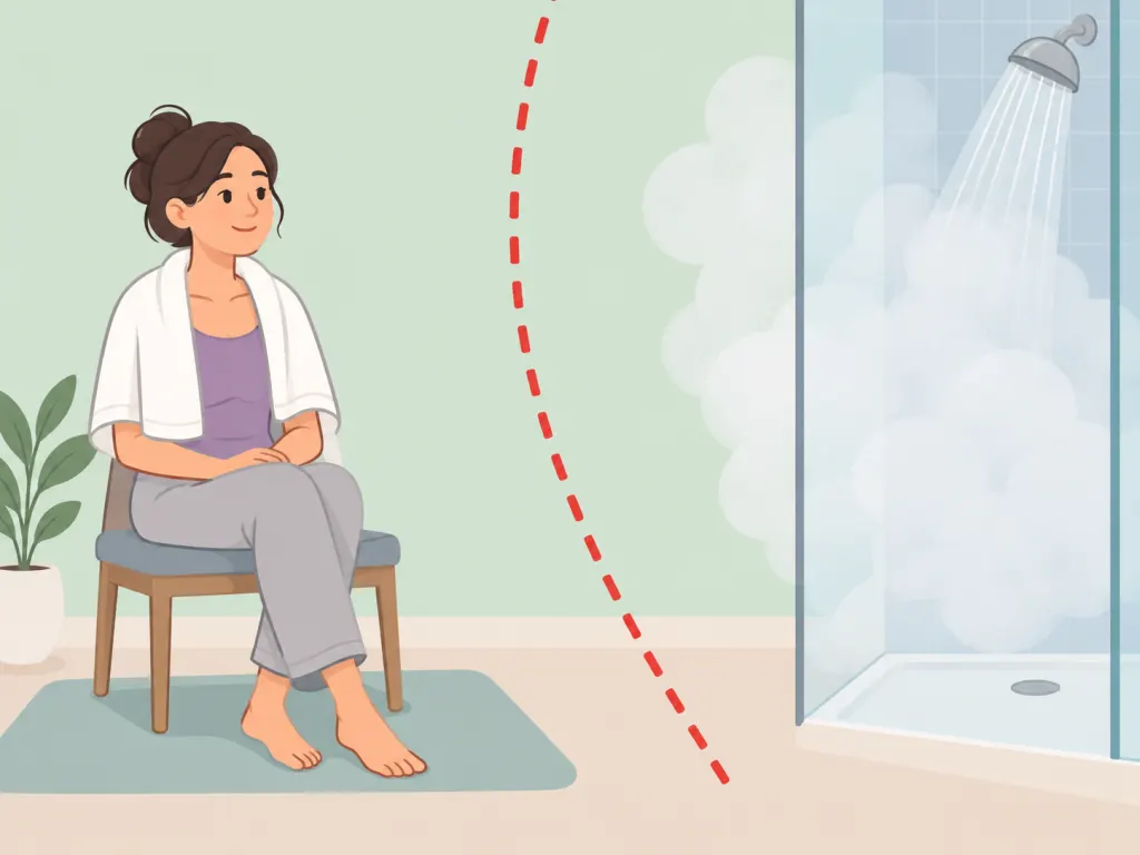 Person using bathroom steam safely without leaning over hot water.