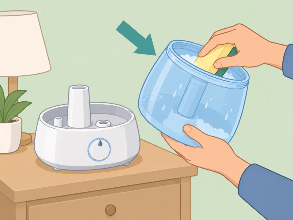 Hands cleaning a cool-mist humidifier for safer use.