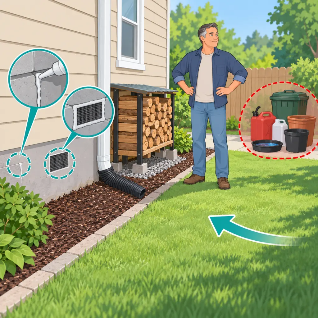 Illustration of a homeowner using safe yard cleanup instead of strong odor remedies to reduce snake visits.