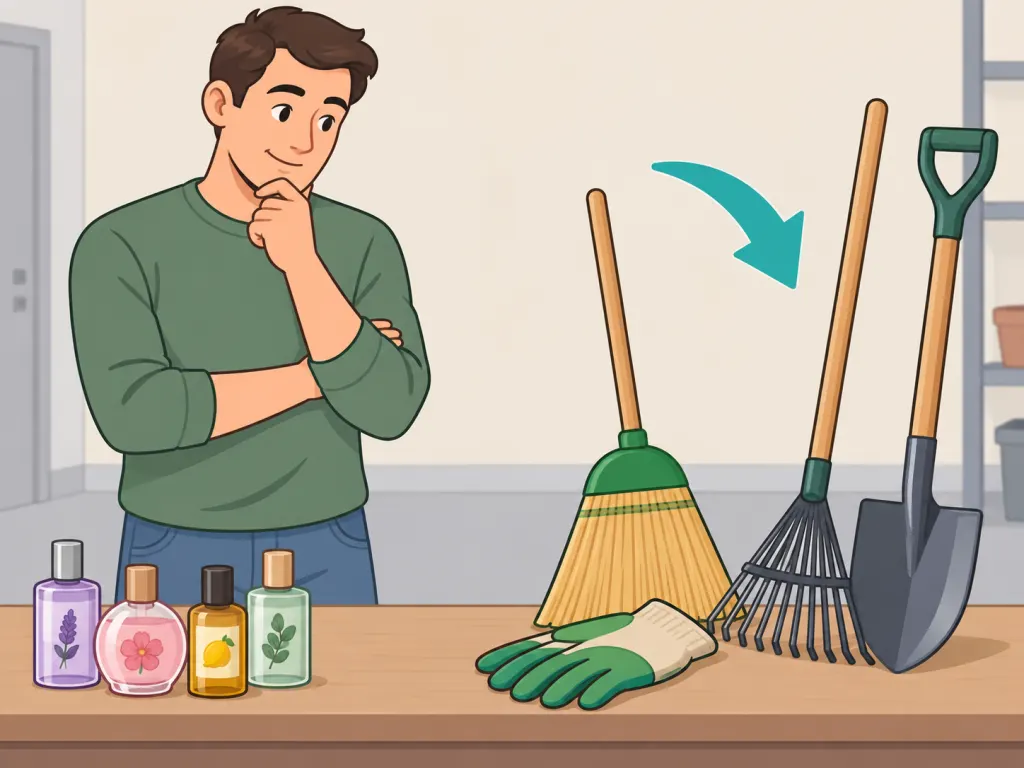 A homeowner choosing practical yard tools instead of relying on strong smells.
