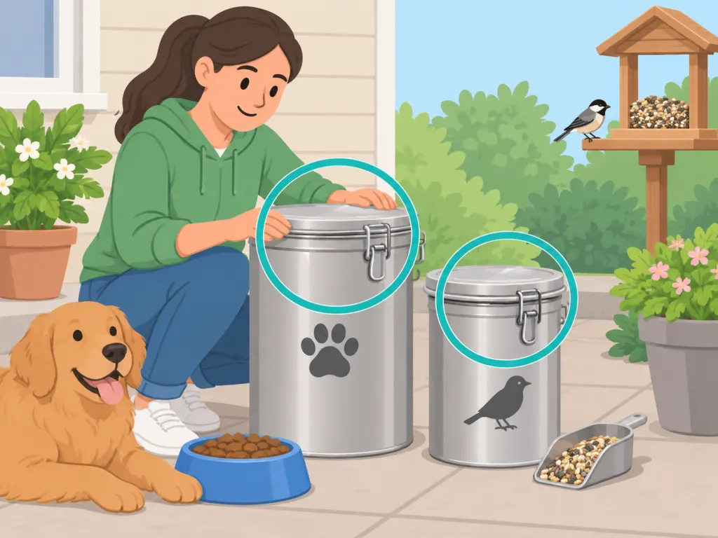 Pet food and bird seed stored in closed containers to reduce prey around the home.