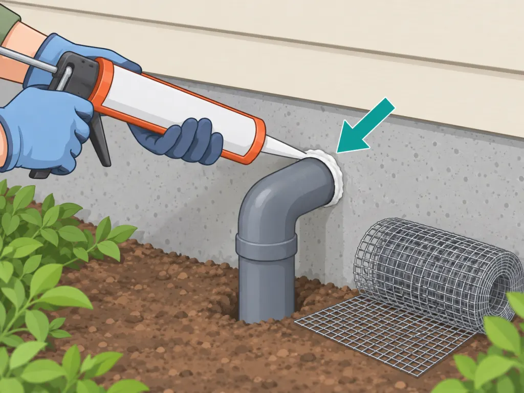 Hands sealing a small foundation gap that snakes or rodents could use.