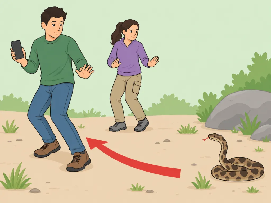 A person backing away safely from a snake and preparing to call for help after a bite.