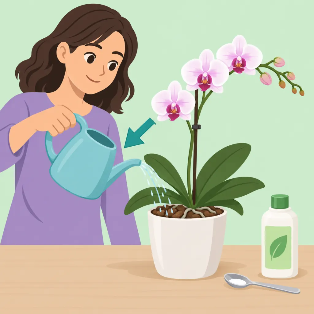 Illustration of a person using diluted fertilizer solution to care for a blooming moth orchid.