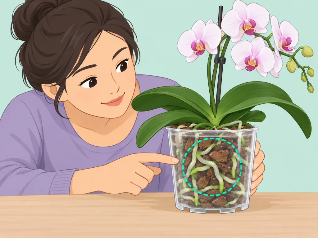 Person checking a moth orchid in bark mix before using fertilizer.