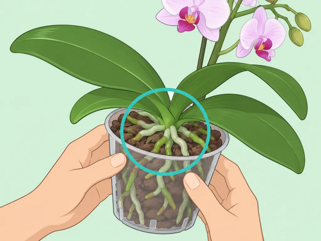 Hands checking orchid leaves and roots to see whether the plant is healthy.