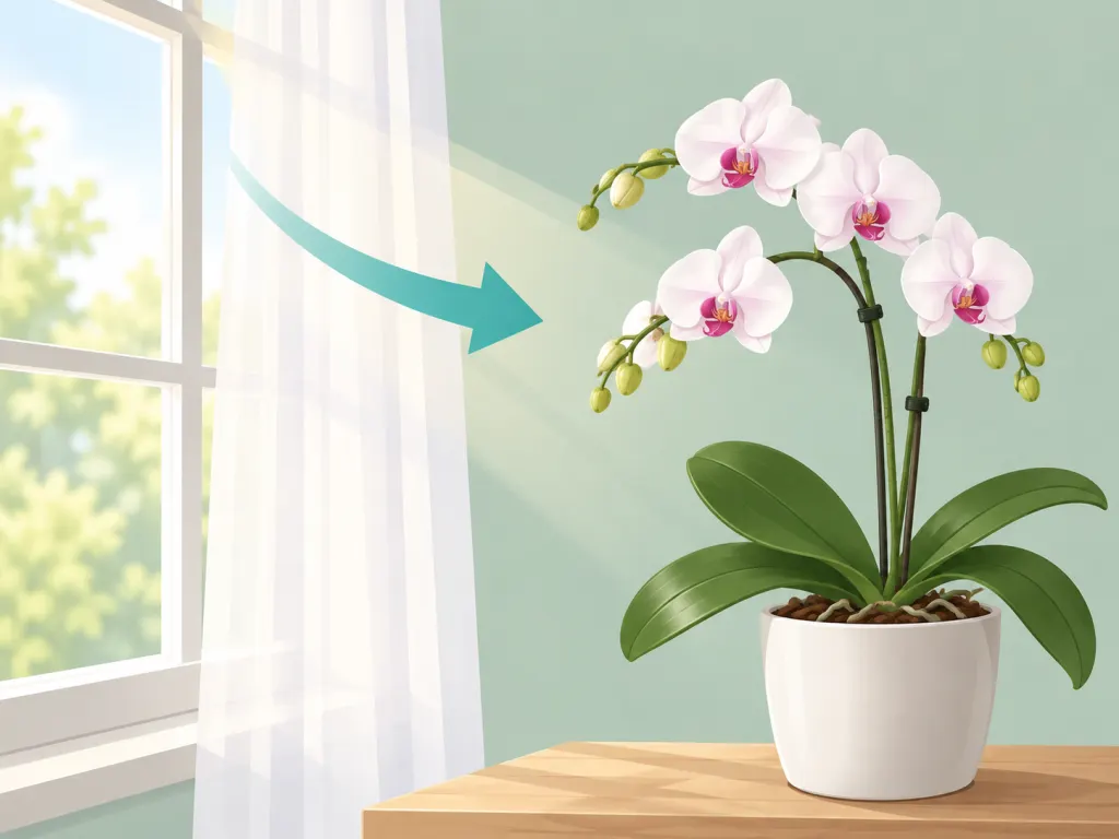 Moth orchid placed in bright filtered light near a window.