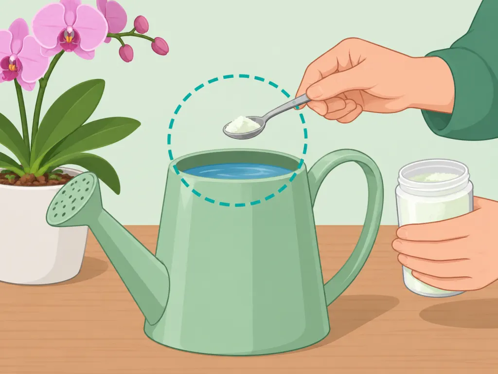 Hands measuring orchid fertilizer with a teaspoon into water.
