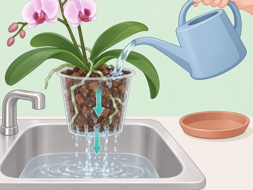 Plain water flushing through an orchid pot to rinse the bark.