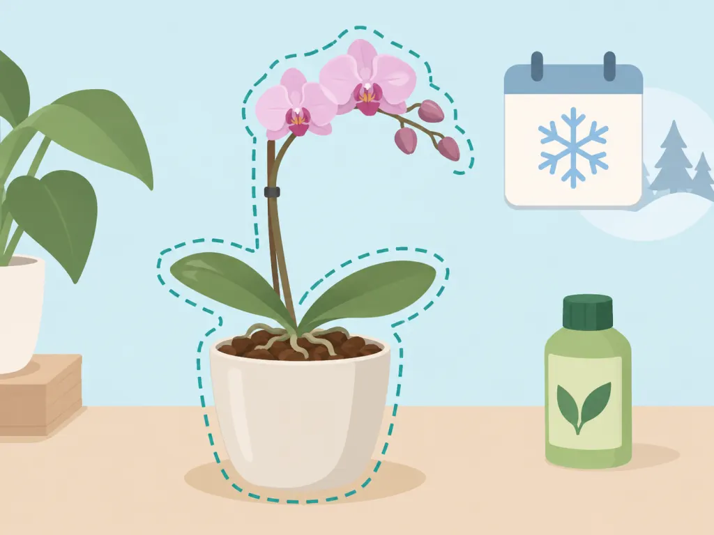 Orchid resting during slower growth with fertilizer set aside.