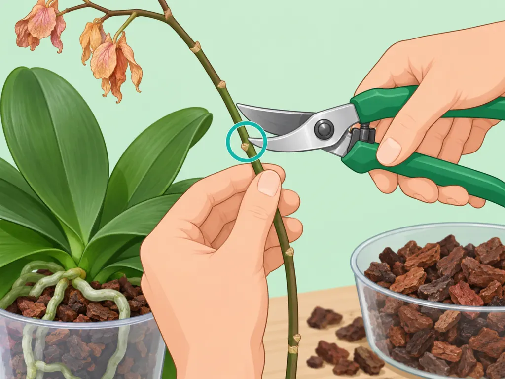 Hands pruning an orchid flower spike above a lower node.