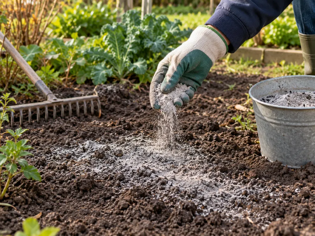 A gloved hand applies a light amount of wood ash to moist garden soil.