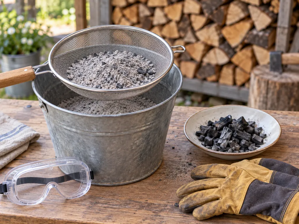 Tools for safely sifting cooled wood ash, including gloves, eye protection, and a metal sieve.
