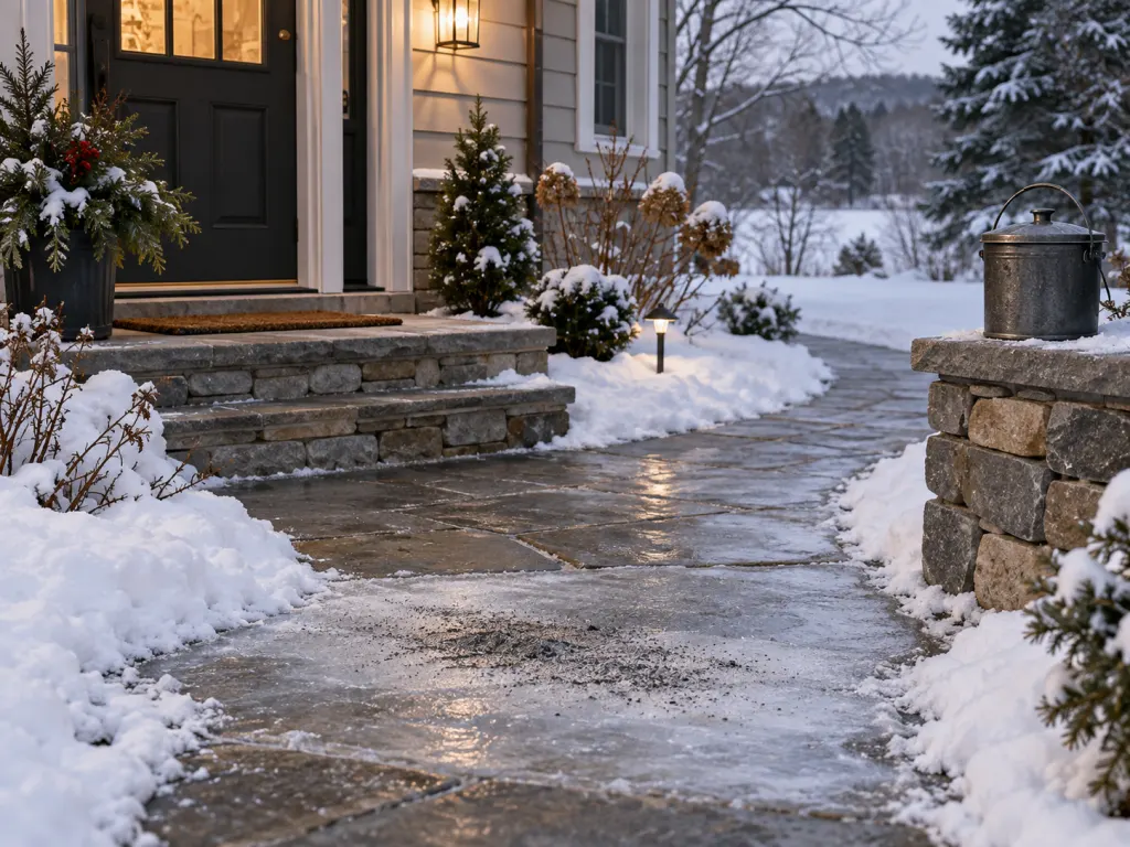 A lightly ashed icy walkway with a covered metal ash container on a stone surface.