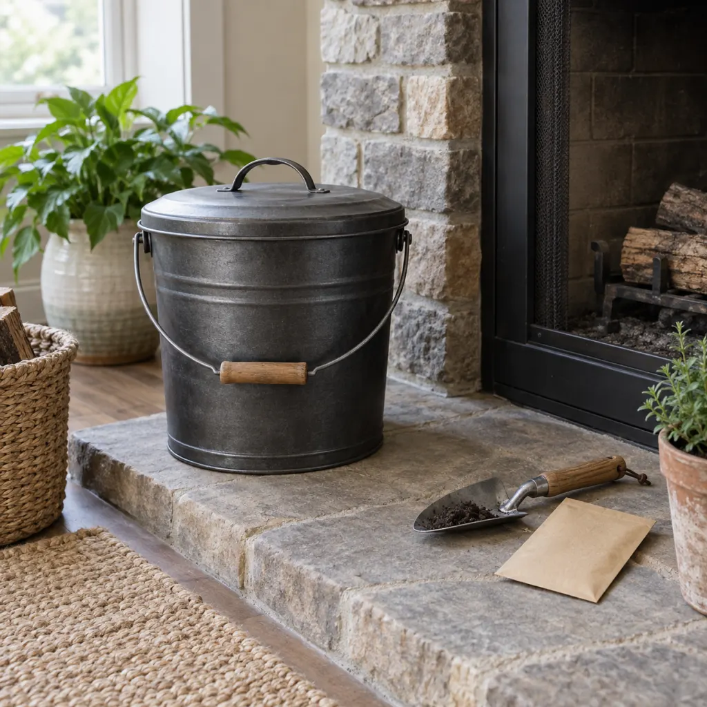 A metal bucket of cooled wood ash near a hearth with a trowel and soil test envelope.