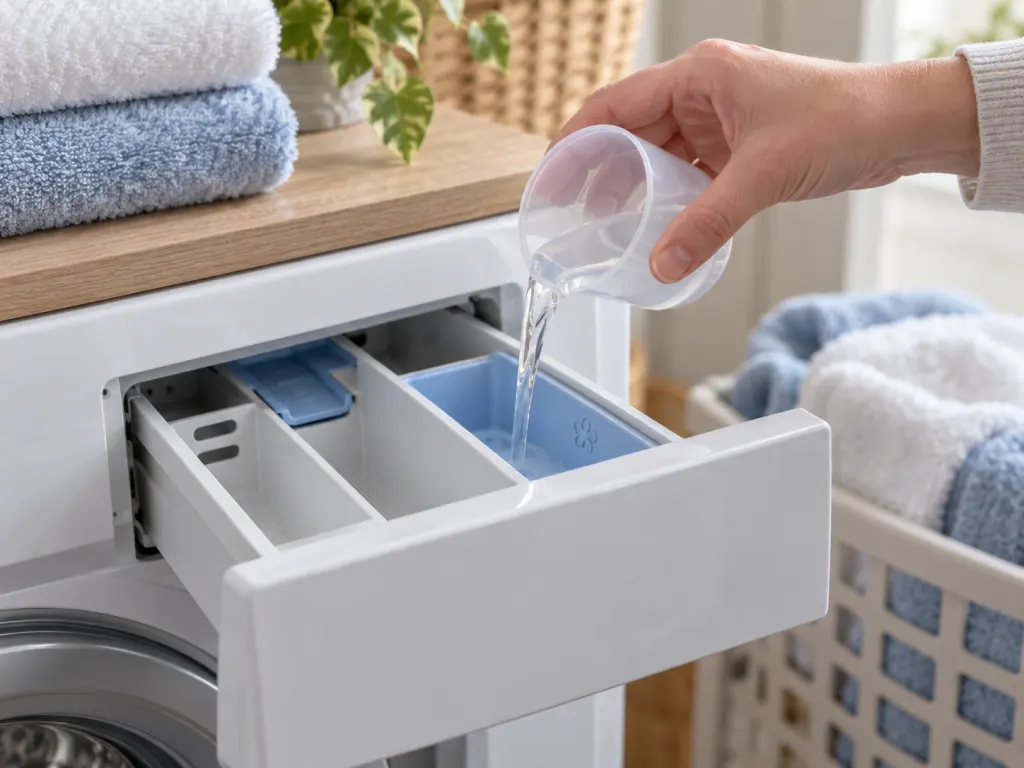 A measuring cup pours clear vinegar into a washer rinse dispenser beside towels.