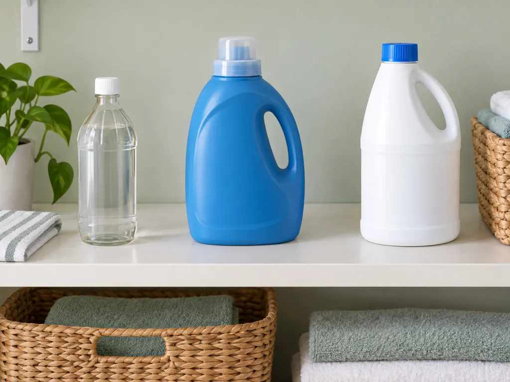 Laundry products are spaced apart on a shelf to show vinegar kept separate from bleach.