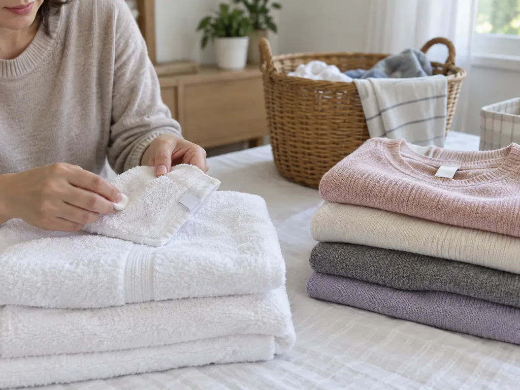 Laundry is sorted by fabric type with care labels visible before washing.