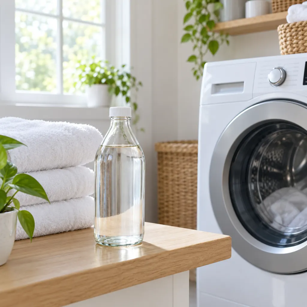 A bottle of white vinegar beside folded towels in a clean laundry room.