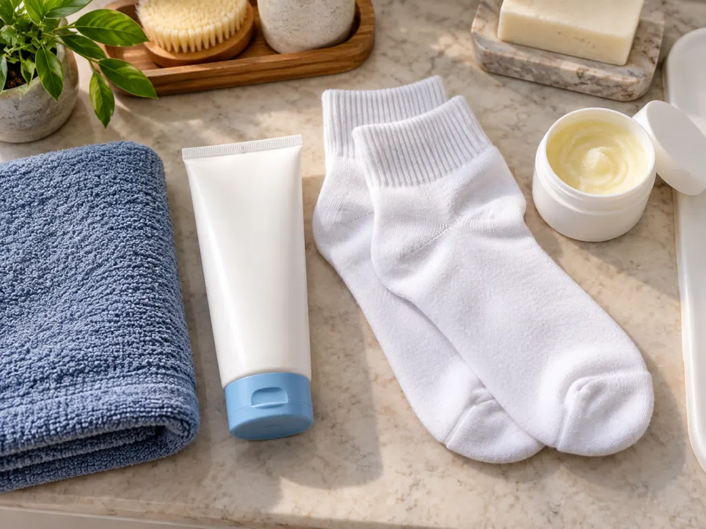 Foot-care items including moisturizer, socks, a towel, and an unlabeled ointment jar on a counter.