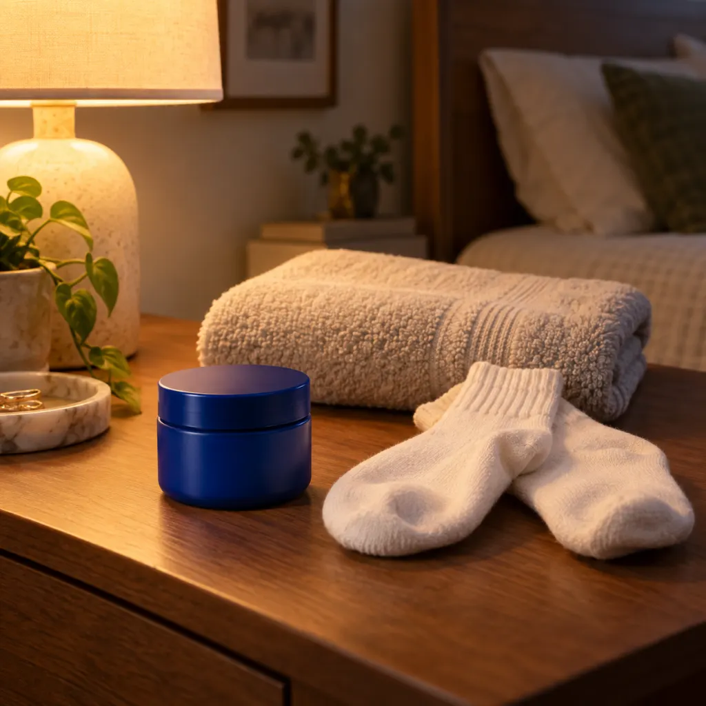 An unlabeled ointment jar, cotton socks, and a towel arranged for a bedtime foot-care routine.